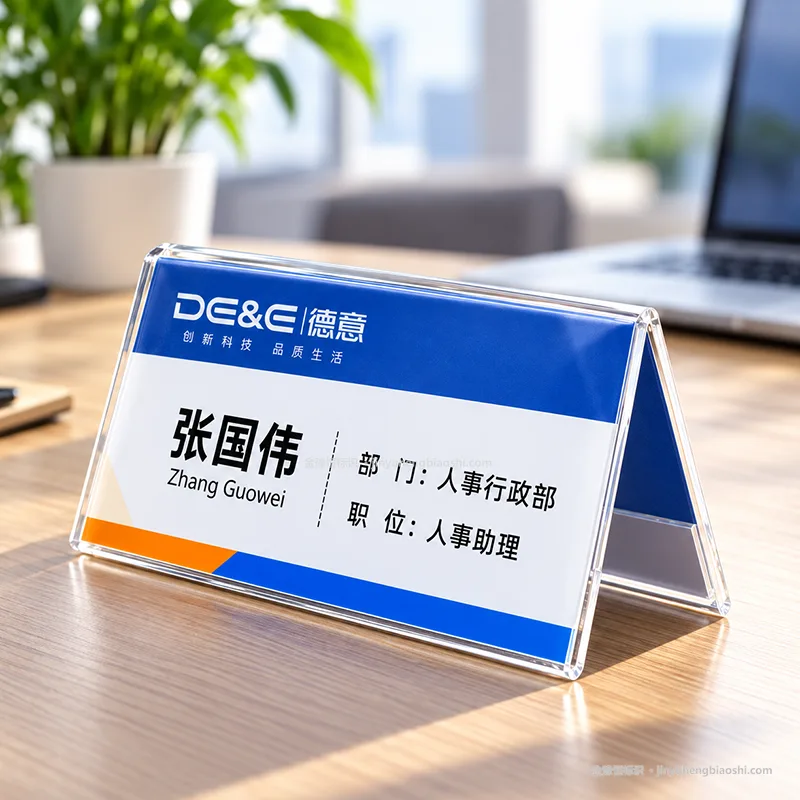 三角立式亚克力台卡,桌面摆放使用,双面均可查看人员资料
